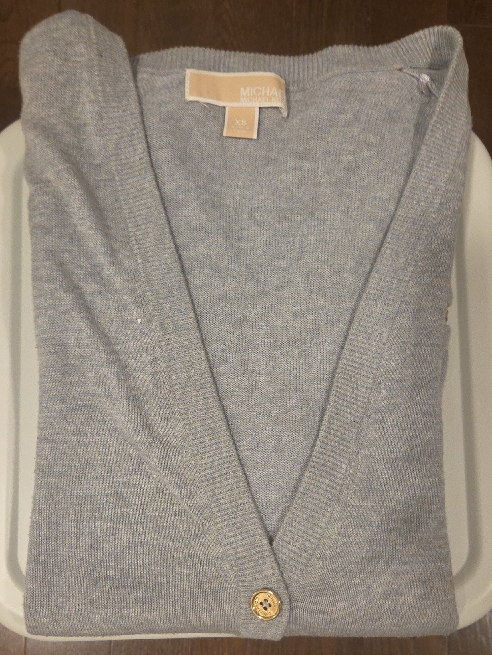 MICHAEL Michael Kors Light Gray V-Neck Cardigan with Gold Zipper Accents